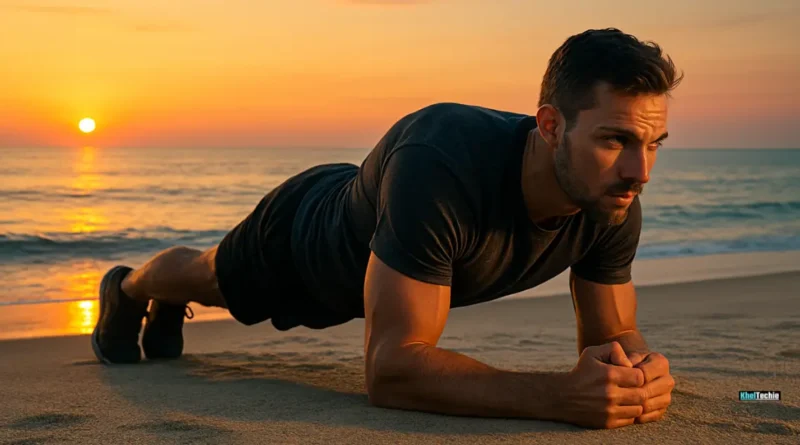Person performing a plank on the beach during sunrise, exemplifying core strength through static holds
