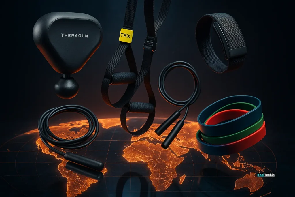 High-end montage of top portable fitness gadgets over a world map background