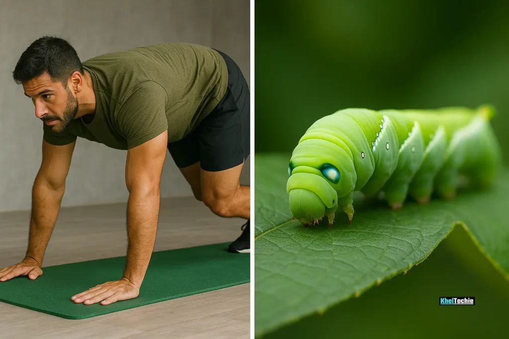 Human caterpillar walking compared to a real caterpillar on a leaf