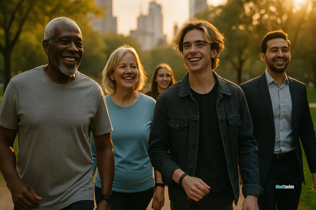 Diverse group microwalking together in urban park
