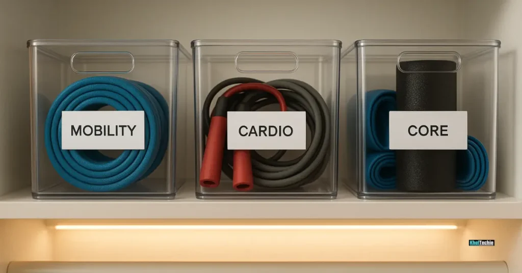 Labelled acrylic bins organise small fitness accessories