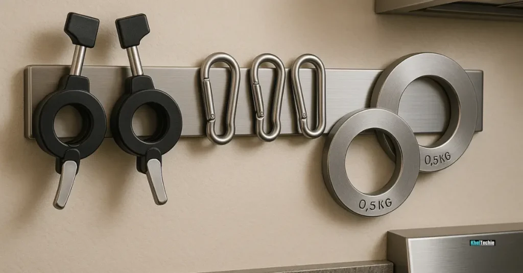 Magnetic wall strip gripping metal clips and plates