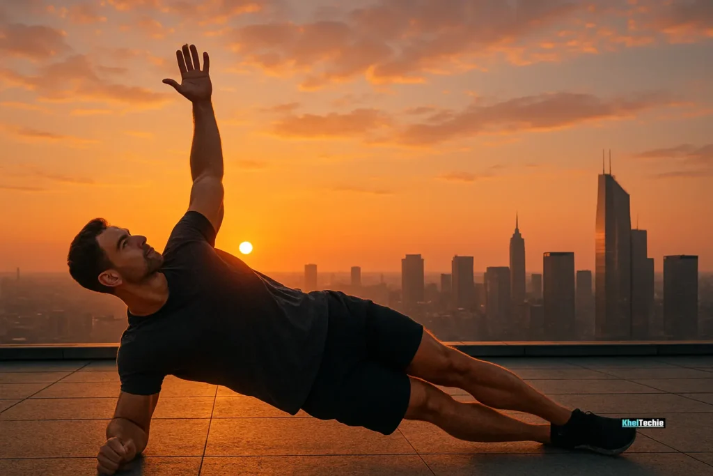 Man performing a side plank at sunrise on a rooftop with a city skyline