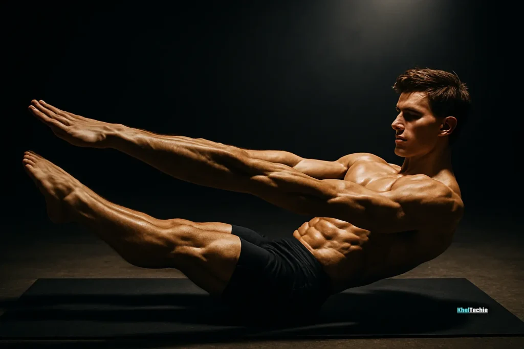 Gymnast holding a hollow body position under dramatic lighting