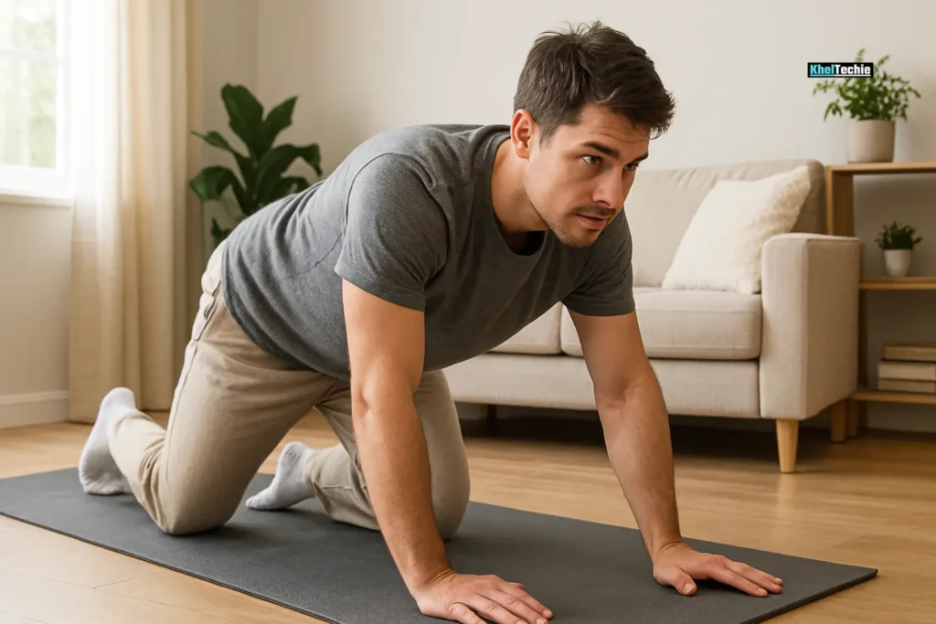 Man performing caterpillar walking exercise on a yoga mat at home