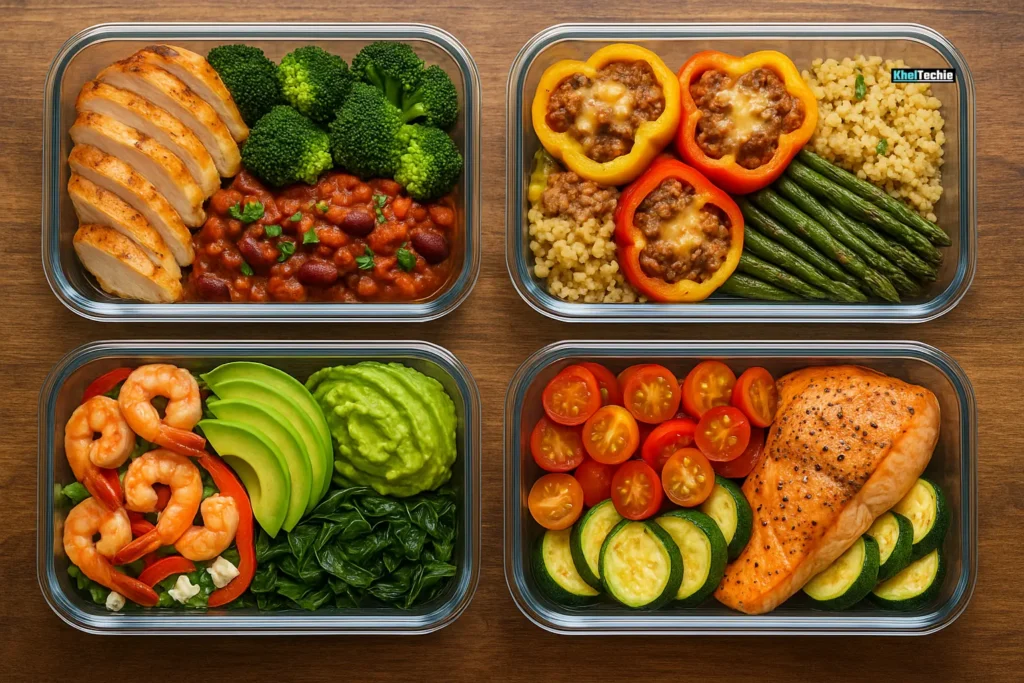 Meal prep containers with colorful keto meals