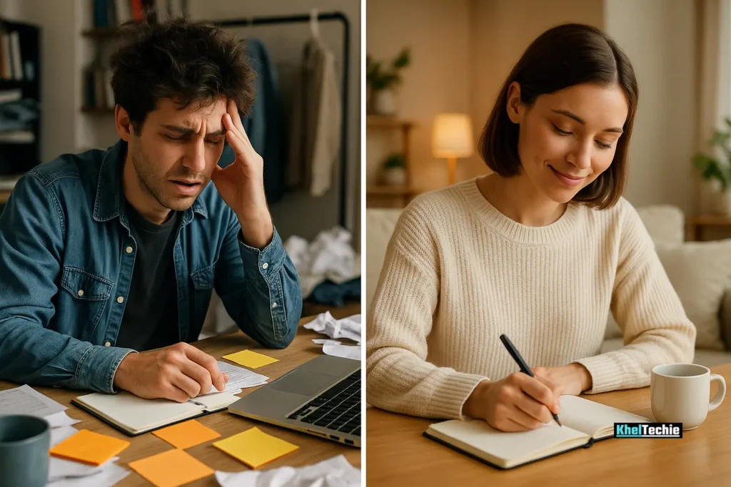 Comparison of stressed vs. calm lifestyle showing impact of consistent wellness micro-habits