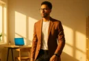 Young professional microwalking in bright home office during work break