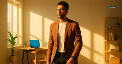 Young professional microwalking in bright home office during work break