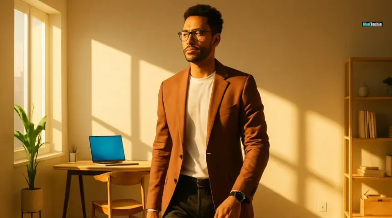 Young professional microwalking in bright home office during work break