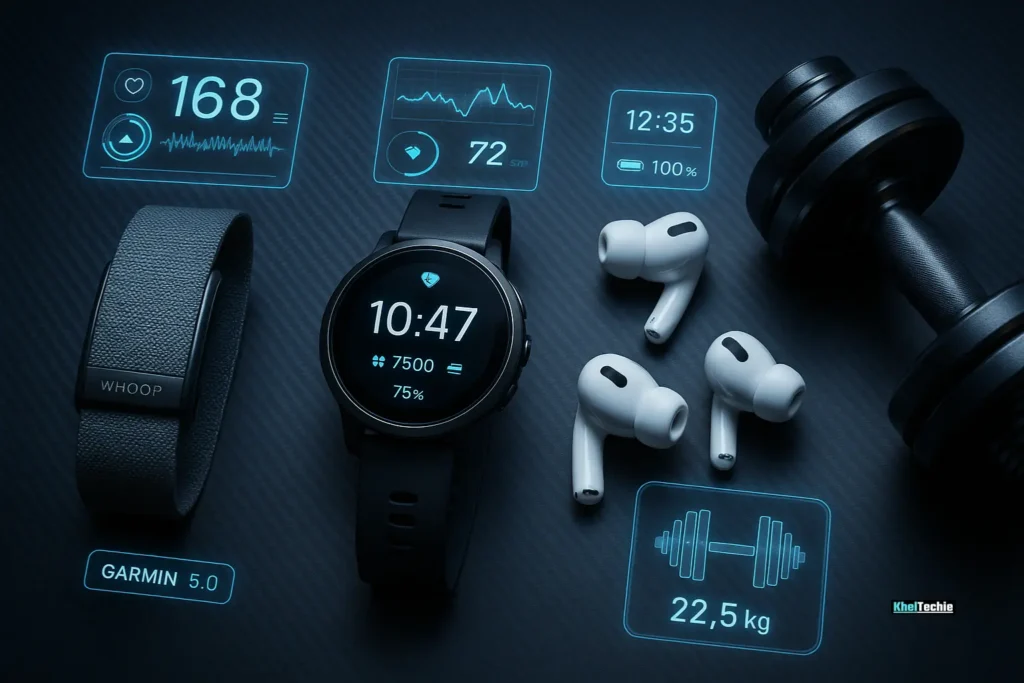 Modern fitness gadgets arranged on a dark carbon fiber surface