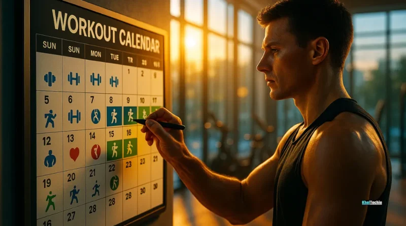 Modern workout space with personalized calendar planning in natural sunlight