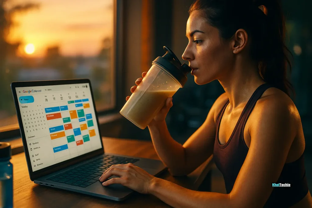 Morning routine with a digital workout schedule and protein shake