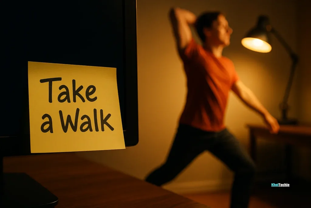 Sticky note reminder to move hourly at workstation