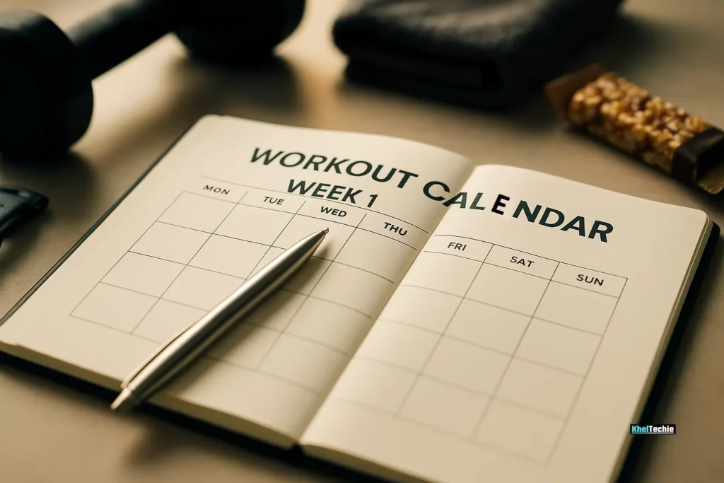 Open planner displaying a clear, minimalist workout calendar