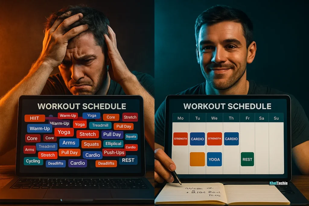 Overwhelmed by cluttered schedule vs. clear, organized workout plan