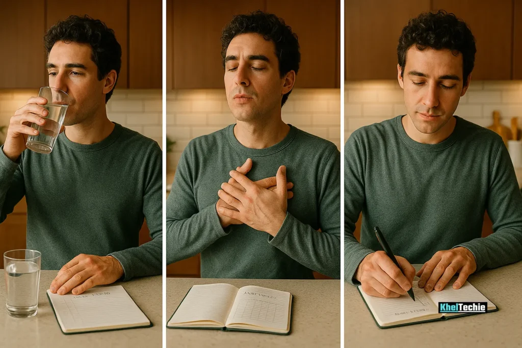 Daily habit stacking with hydration, mindfulness, and journaling in a home kitchen