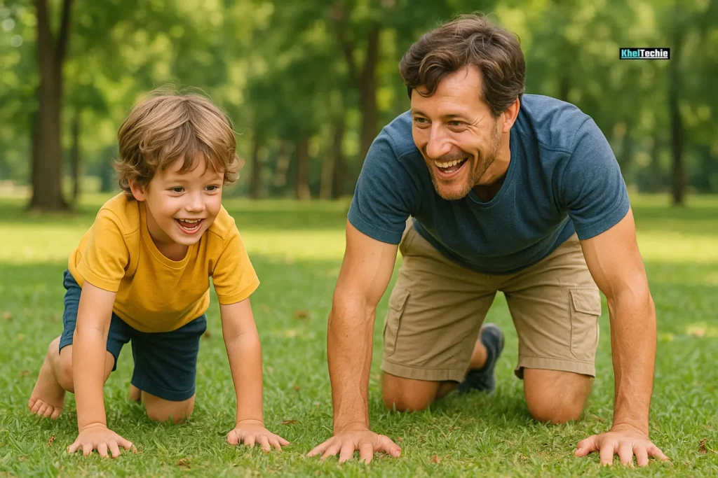 Parent and child playing while doing caterpillar walking outdoors