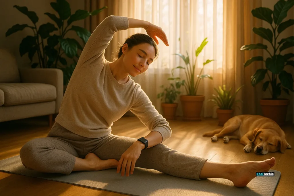 Person stretching on yoga mat at home with morning light