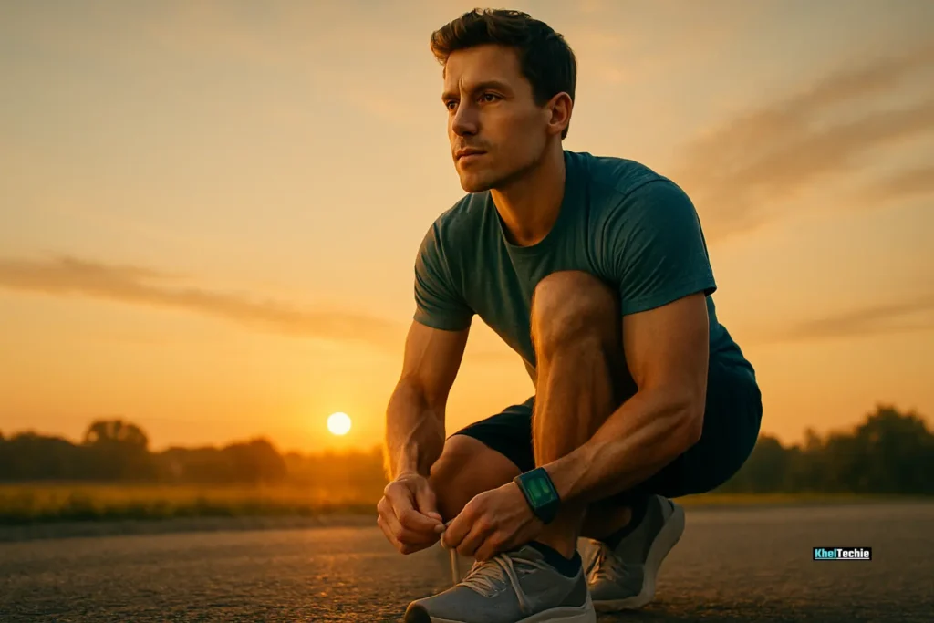 Person tying shoes with glowing smartwatch at sunrise