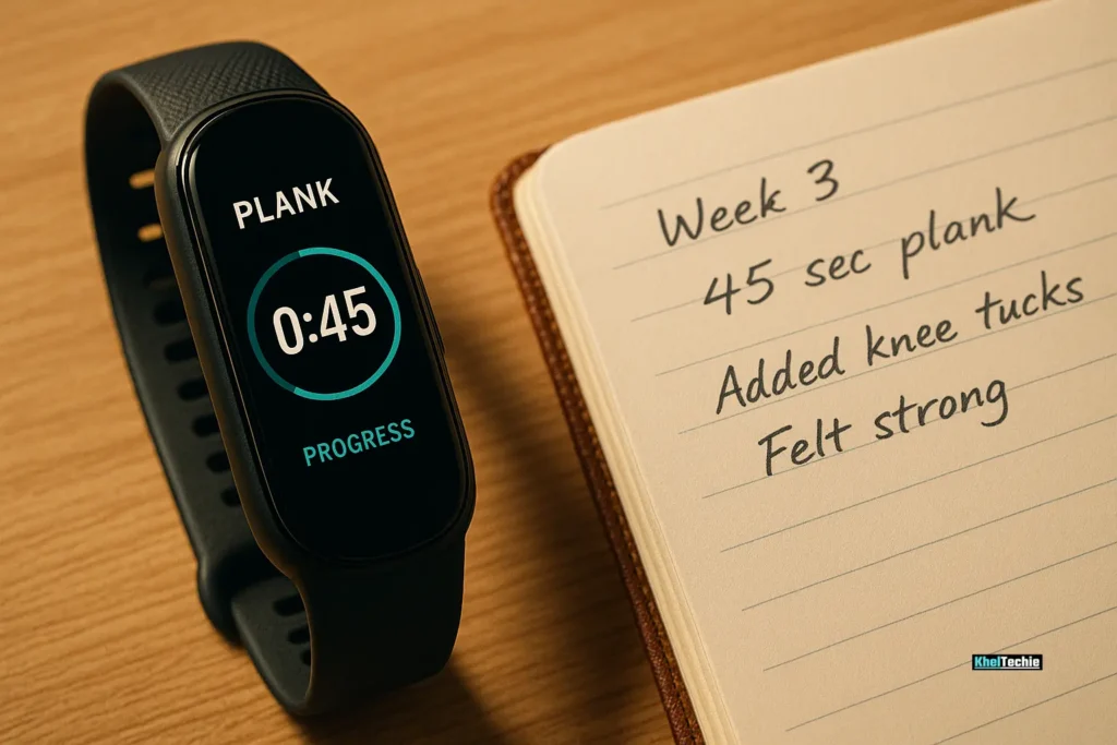 Plank progress tracker and handwritten fitness log on a gym bench
