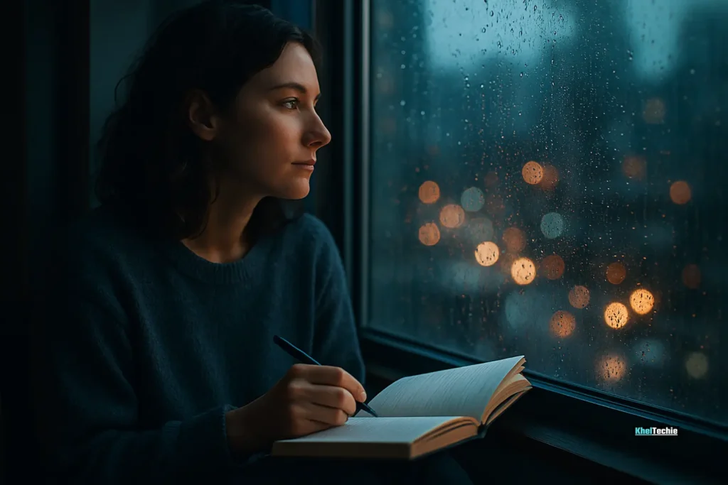 Reflective person journaling near window on a rainy day