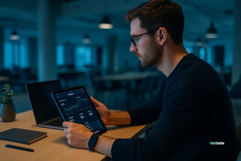 Remote worker reviewing WHOOP 4.0 health data in co-working space