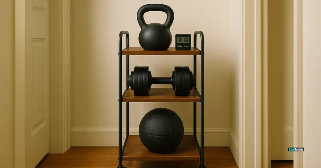 Rolling bar cart neatly stacked with kettlebell and dumbbells