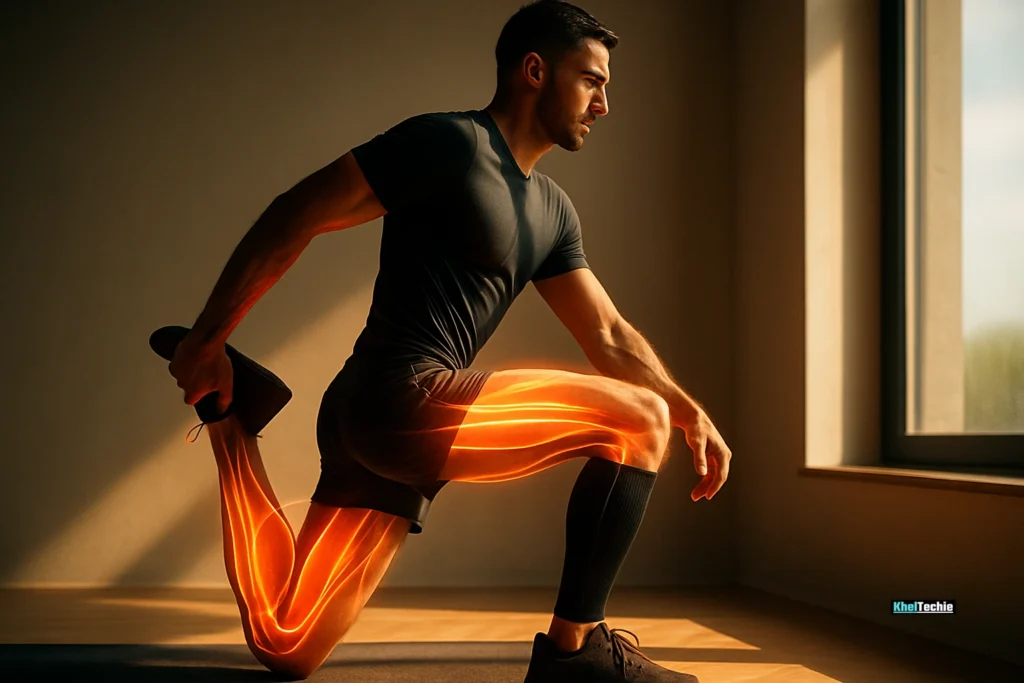 Runner wearing compression sleeves in home stretching session