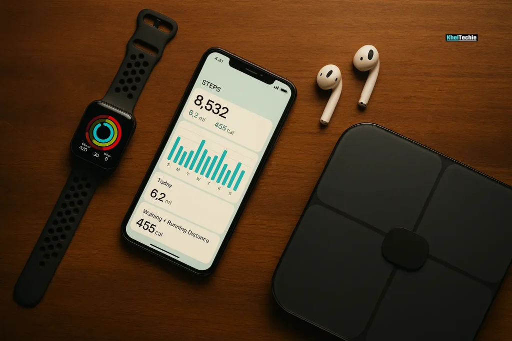 Smartwatch, smart scale, and fitness apps arranged neatly