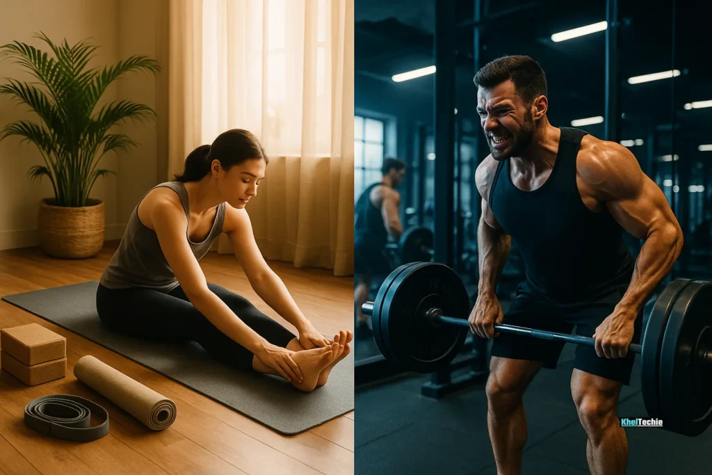 Split-screen of a calm home workout and an energetic gym session