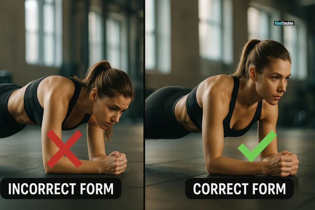 Split-screen showing incorrect plank with sagging hips versus correct plank with straight posture for core strengthening.