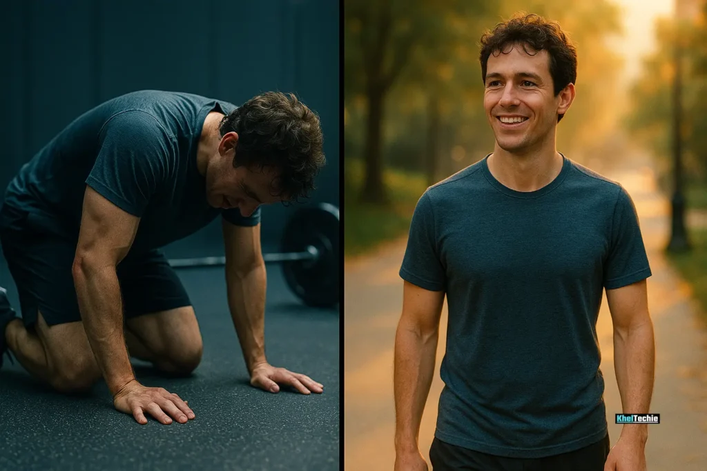 Split-screen showing overtraining vs. balanced fitness approach