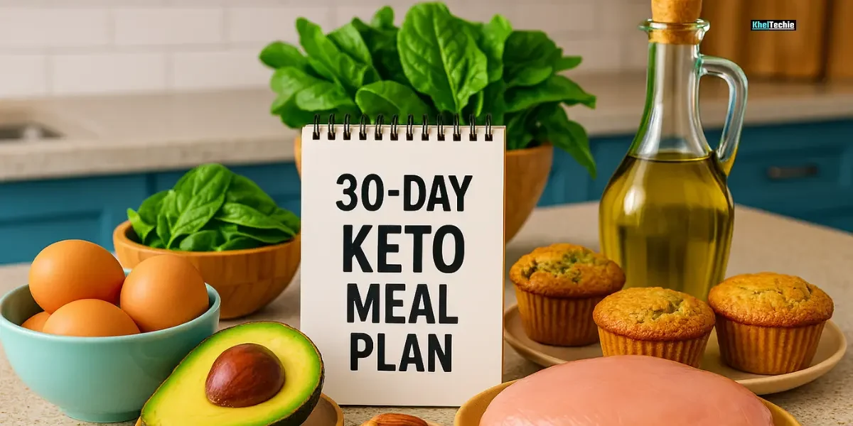 30 day keto challenge meal plan setup with healthy foods like avocado, eggs, chicken, and nuts