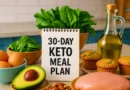 30 day keto challenge meal plan setup with healthy foods like avocado, eggs, chicken, and nuts