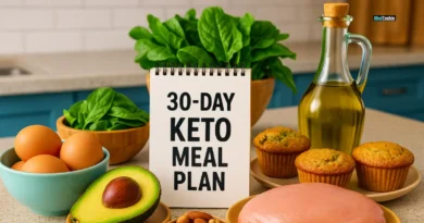 30 day keto challenge meal plan setup with healthy foods like avocado, eggs, chicken, and nuts