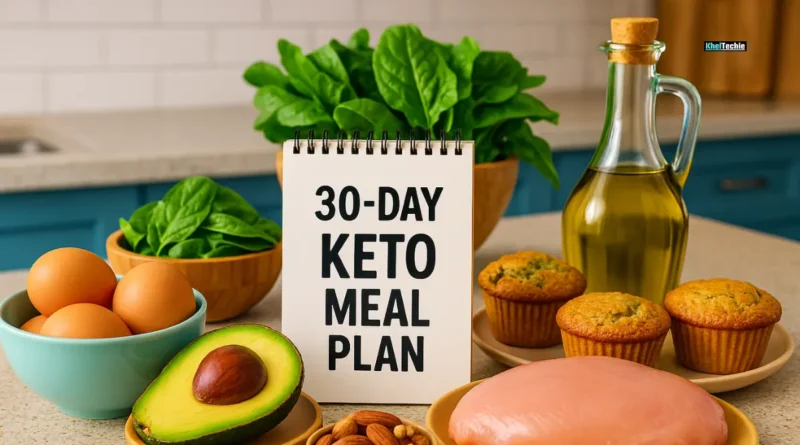 30 day keto challenge meal plan setup with healthy foods like avocado, eggs, chicken, and nuts