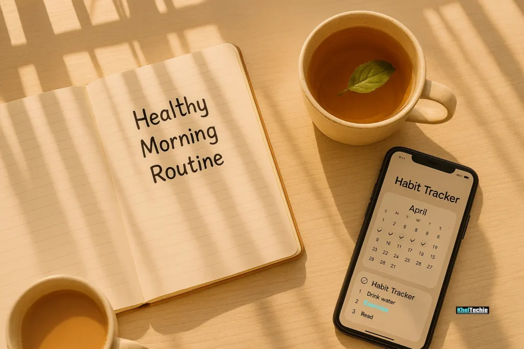 Morning wellness routine with journal, tea, and habit tracking app for daily micro-habits