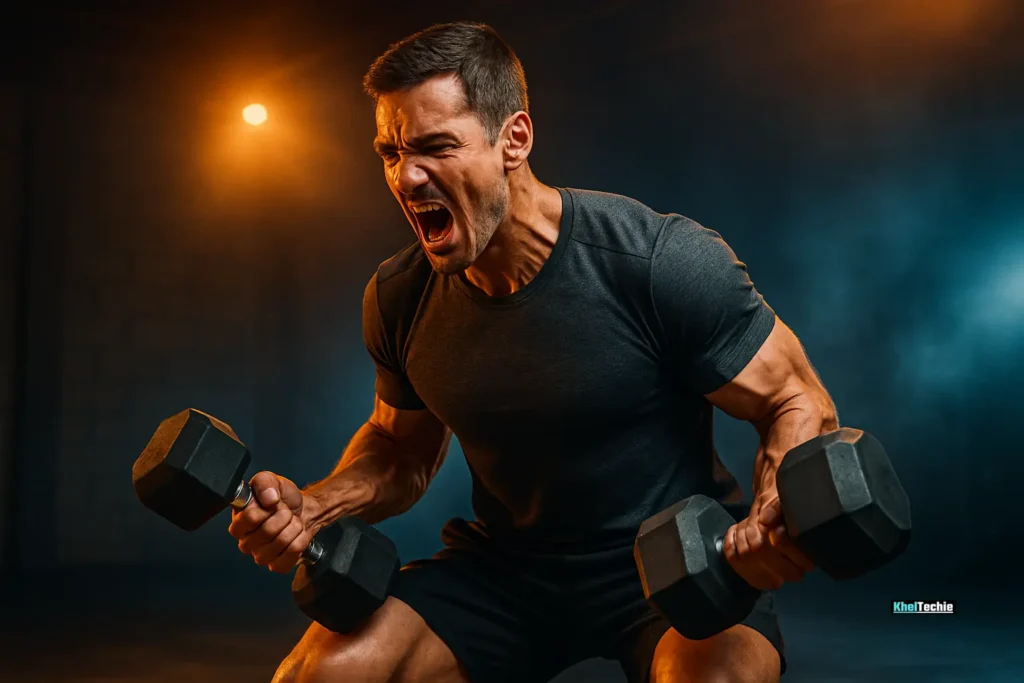 Athlete performing an intense drop set to overcome a strength plateau.