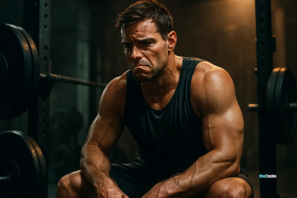 Frustrated athlete in a gym surrounded by weights, representing a fitness plateau