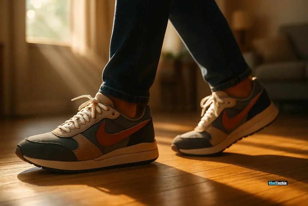 Close-up of feet walking at home in soft sunlight