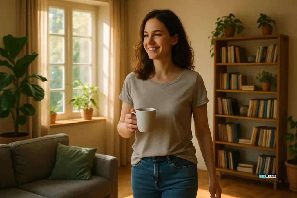 Woman microwalking at home with tea in hand.