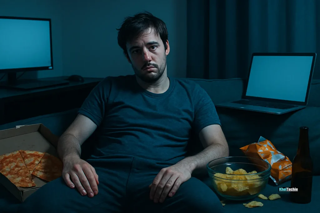 Man sitting for hours surrounded by screens and clutter