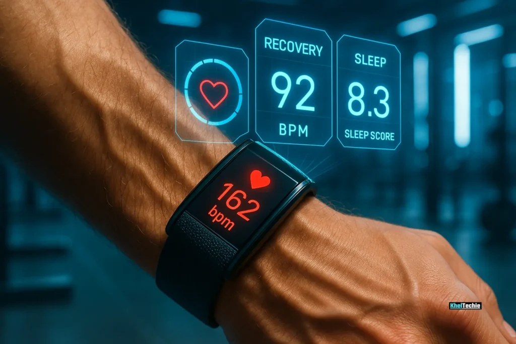 Smartwatch tracking recovery and performance metrics in a futuristic gym