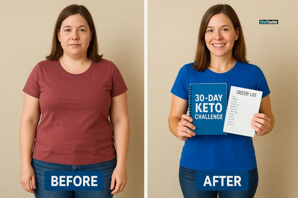 Motivational before and after transformation from following a 30 day keto challenge meal plan