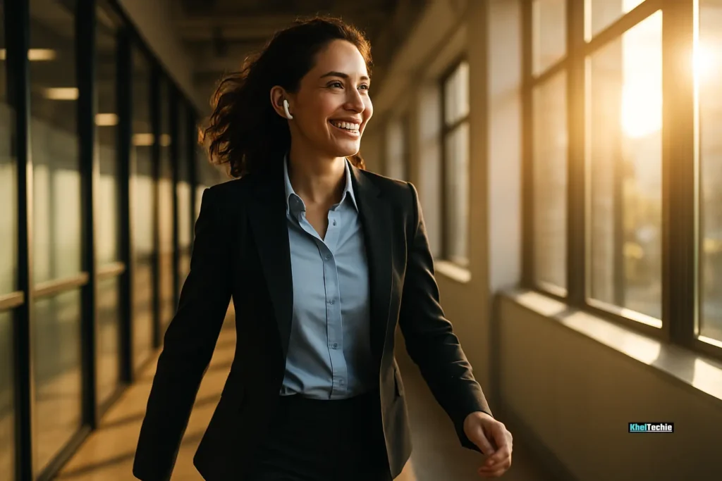 Woman microwalking at work in bright office hallway