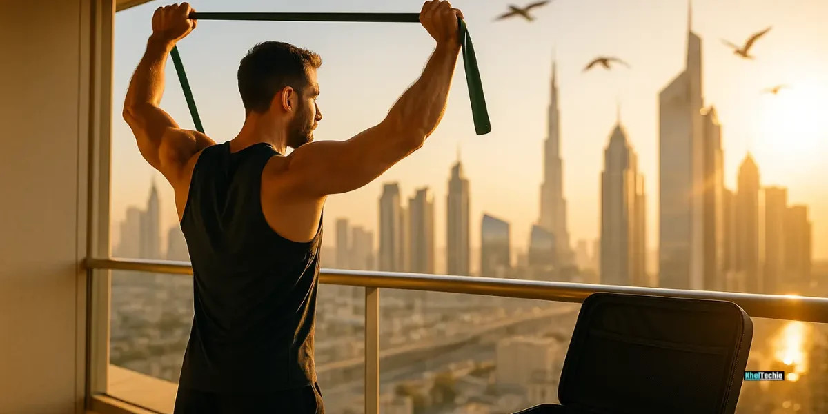 Traveler stretching with resistance bands on hotel balcony at sunrise with portable fitness gear
