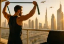 Traveler stretching with resistance bands on hotel balcony at sunrise with portable fitness gear