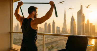 Traveler stretching with resistance bands on hotel balcony at sunrise with portable fitness gear