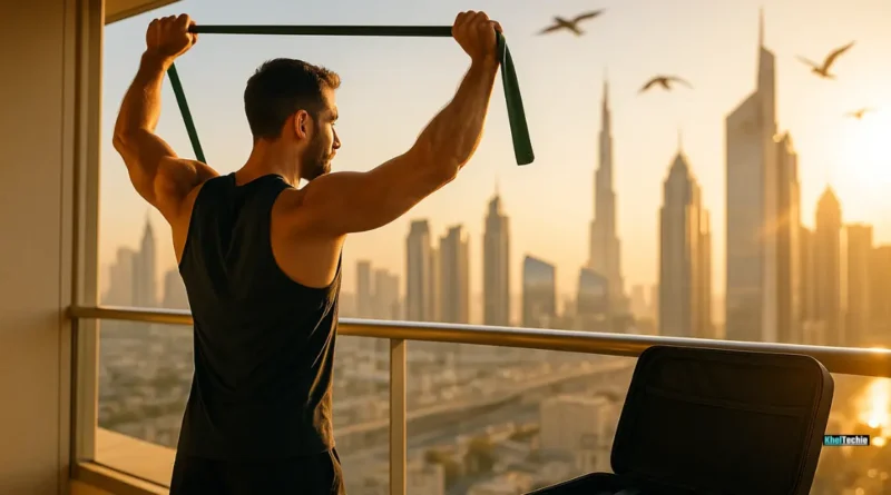 Traveler stretching with resistance bands on hotel balcony at sunrise with portable fitness gear